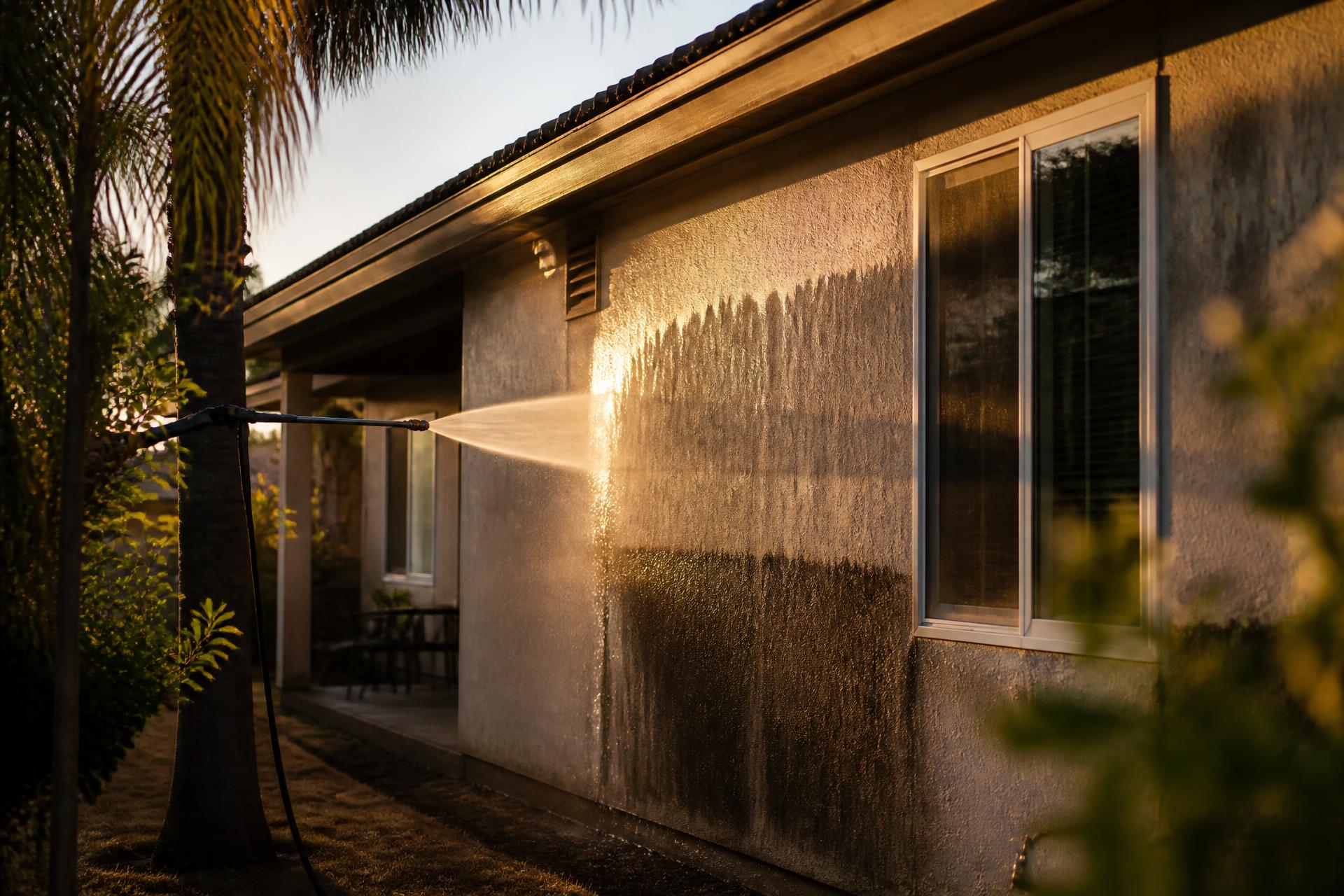 Late afternoon sun catching a sheet of water washing down a stucco house wall, with a clear line between the cleaned and grimy sections